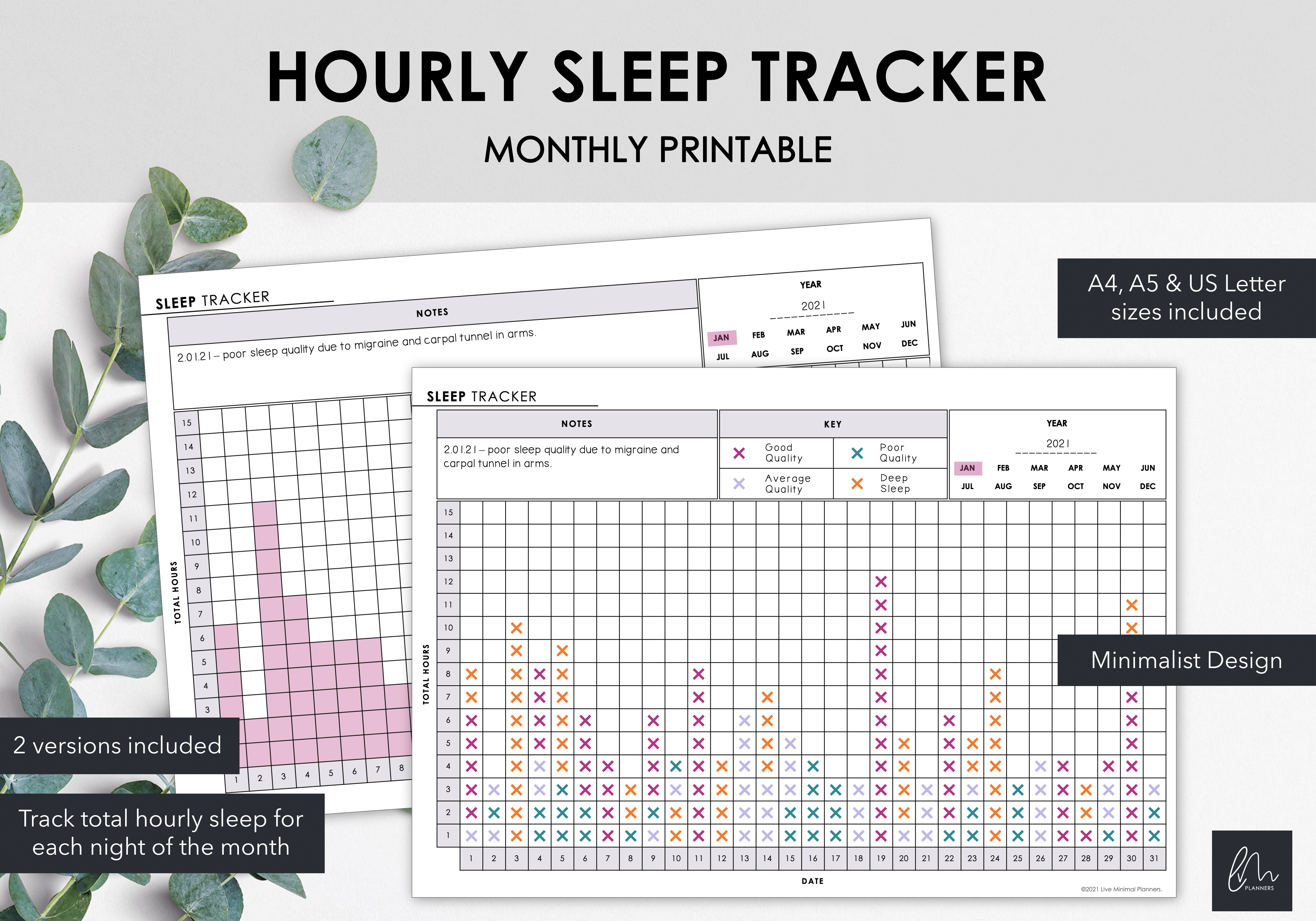 Hourly Sleep Tracker | Chart Duration of Nightly Sleep | Minimalist Design  | Instant Download