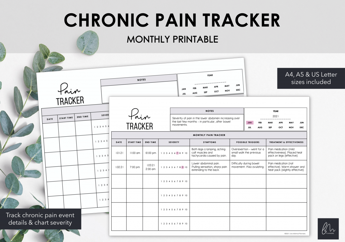 Chronic Pain Tracker Chart Pain Events Symptoms & Severity Instant Download Live Minimal