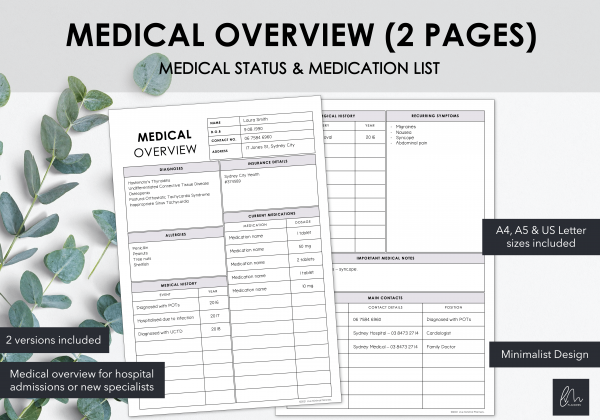 LiveMinimalPlanners Medical Overview 2 Pages Minimalist