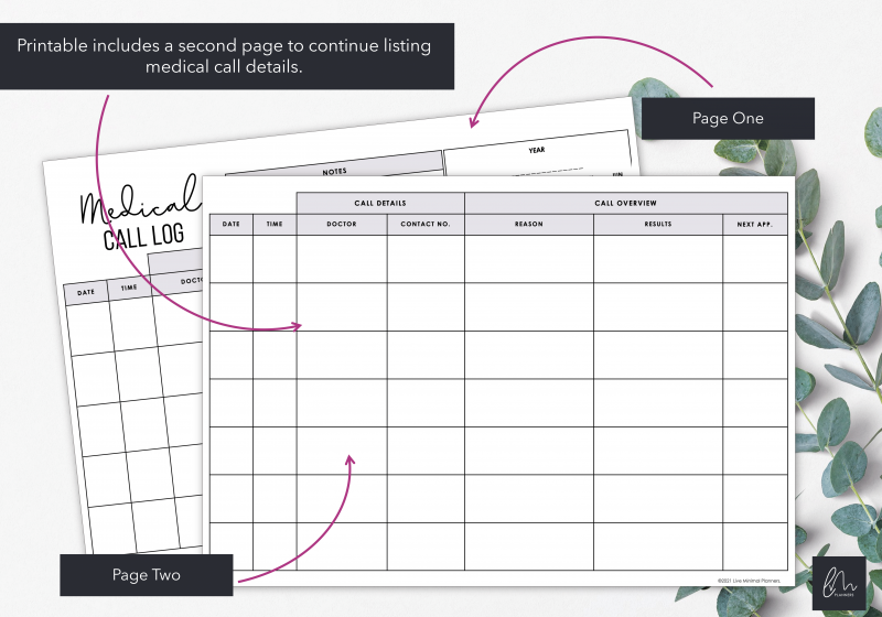 Medical Appointment Call Chart | Instant Download - Live Minimal