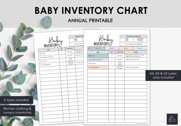 LiveMinimalPlanners Baby Inventory Charts